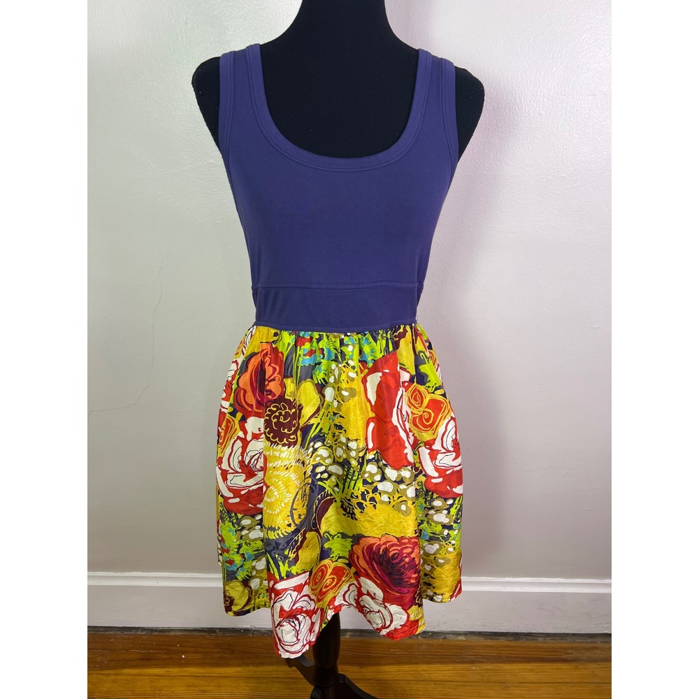 Fei Anthropologie Blue Silk Floral Mixed Media Tank Dress with Pockets Small
